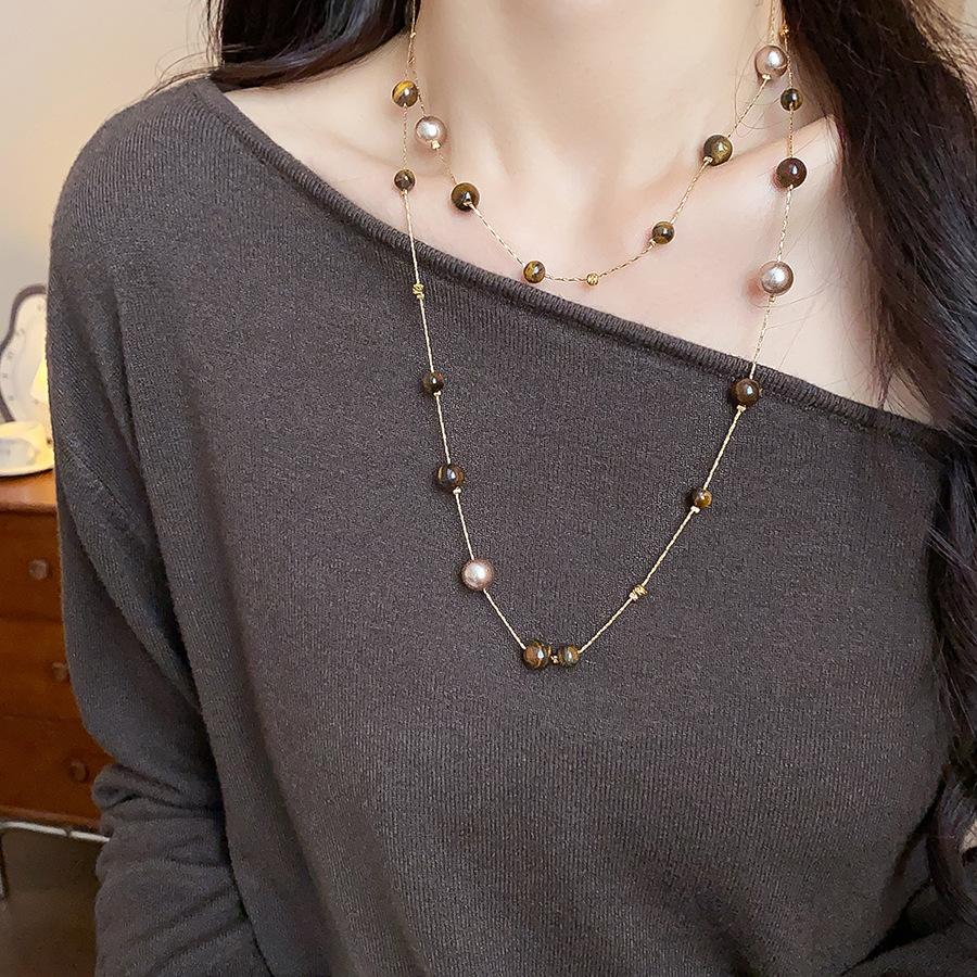Trendy Vintage Tiger Eye Stone Pearl Bead Stacked Necklace For Women Fashionable Autumn And Winter Charm Jewelry