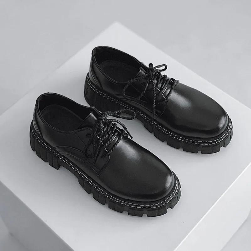 Schwarze Leder Freizeitschuhe Outdoor Nähen Walking Herrenschuhe Mode Dicke Sohle Sneakers Männlich Atmungsaktiv Sport Plateau Schuh Neu