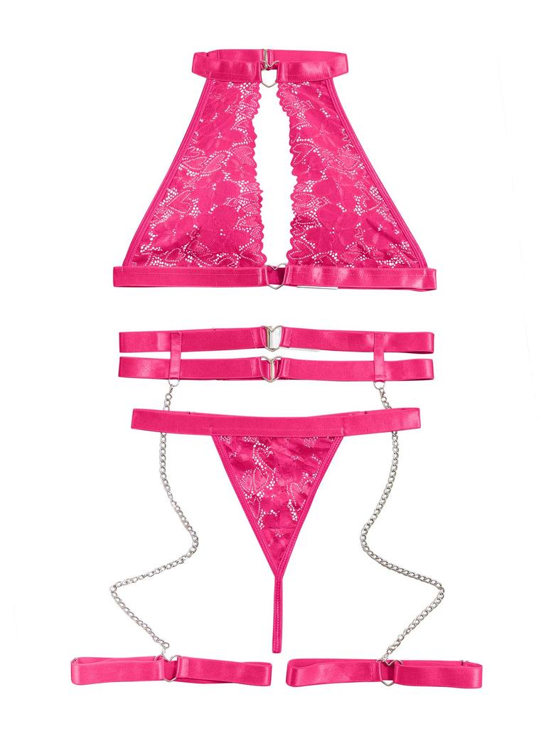 Sexy Halter Heart Ring Cutout Chain Floral Lace Sheer Garter Belt Lingerie Set 3 Piece