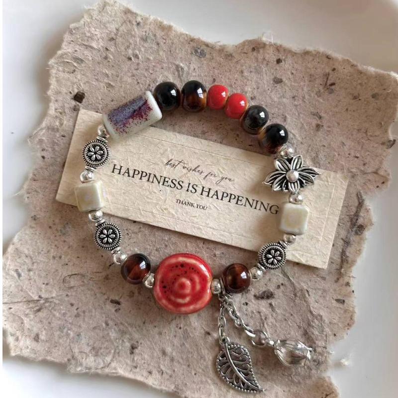 Boho Keramik Perlen Armband für Damen Zartrosa Rund mit Marmor Quadratischen Perlen, Elastisches Dehnbares Design für den Alltag & Geschenk