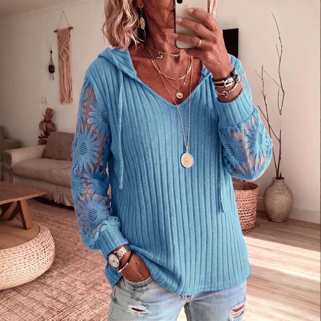 Hooded Lace Knit Solid Color Casual Sweater for Women