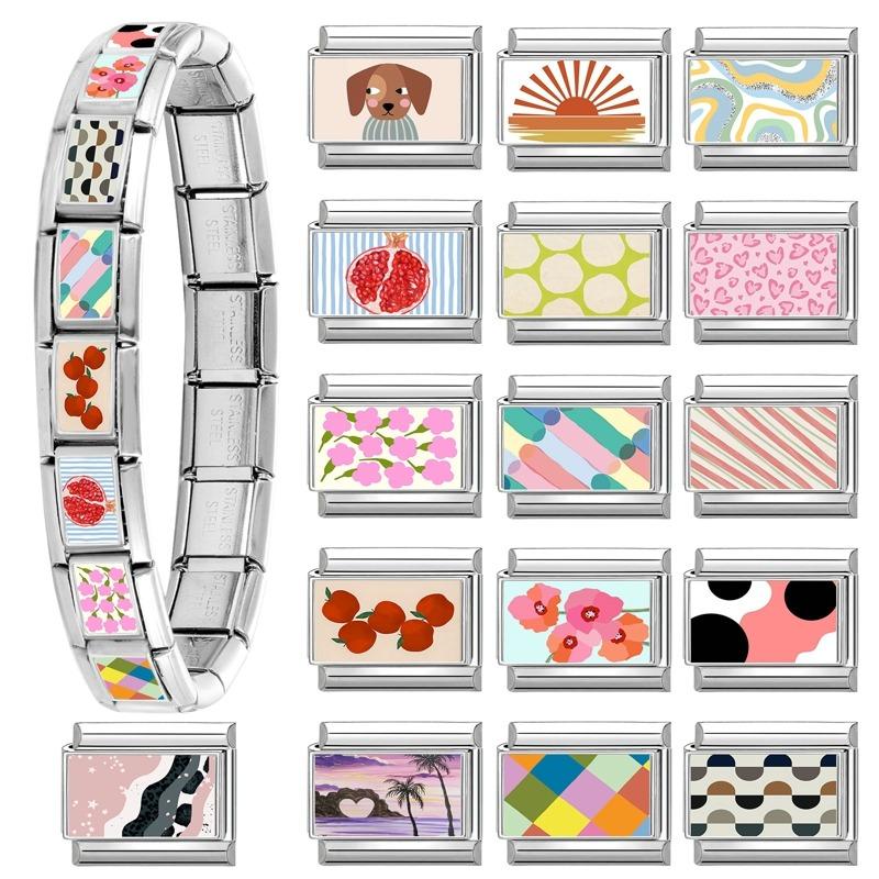Colorful Block Landscape Red Pomegranate Apples Flower Italian Charm Links Fit 9MM Stainless Steel Bracelet DIY Making