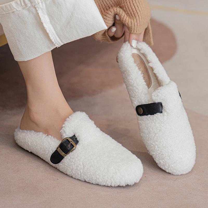 Fashion 2025 Women Belt Buckle Wool Pantuflas Shoes Flats Slip On Sheep Fur Slippers Ladies Home Slides Femmes Cotton Lambswool Mules