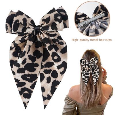 Women Hair Pin Bowknot Decor Leopard Print Satin Ribbon Bow Hair Barrette