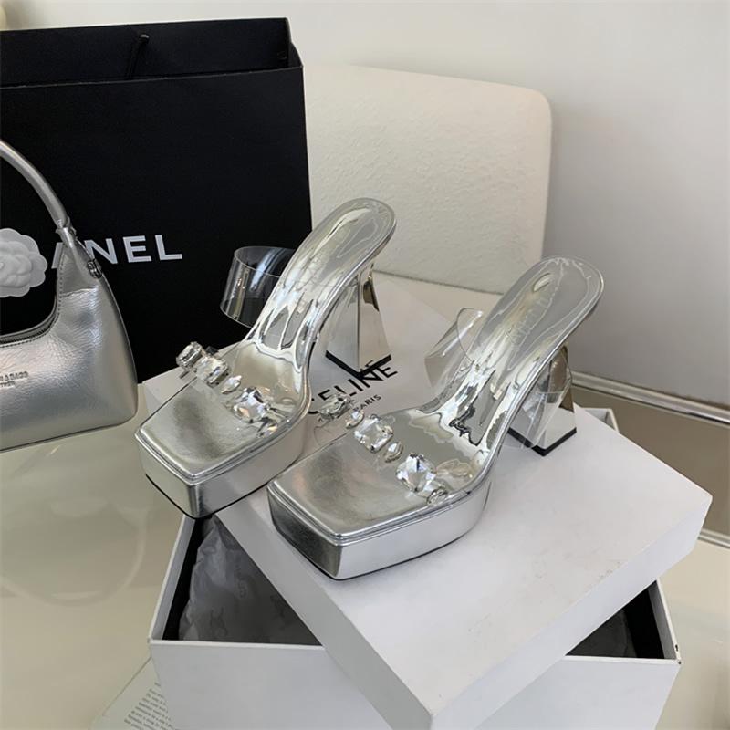 Women PVC Transparent Open Toe Woman Slippers Ladies Fashion Crystal Thick High Heel Summer Ladies Shoes Zapatillas De Mujer