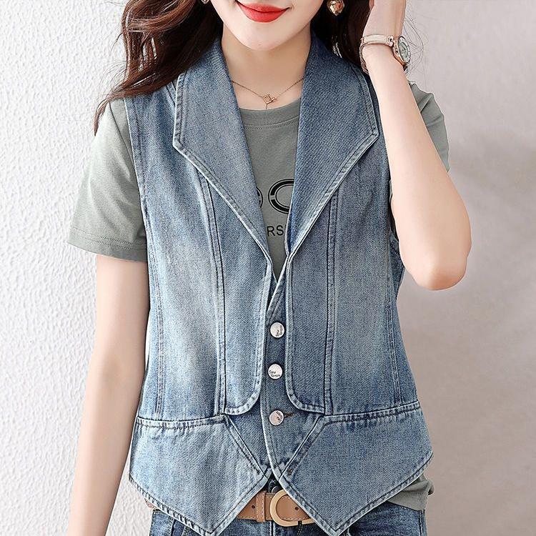 Vintage Denim Vest Women's Korean Fashionable Sleeveless Lapel Vest Casual Jacket