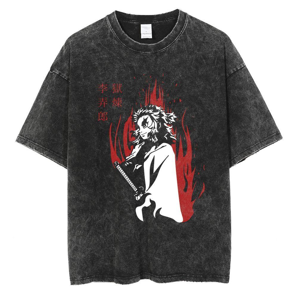 Japanese Anime Ghost Killing Blade Used Washable Printing Pure Cotton Dark Short Sleeve Summer Mens Summer Loose Round Neck