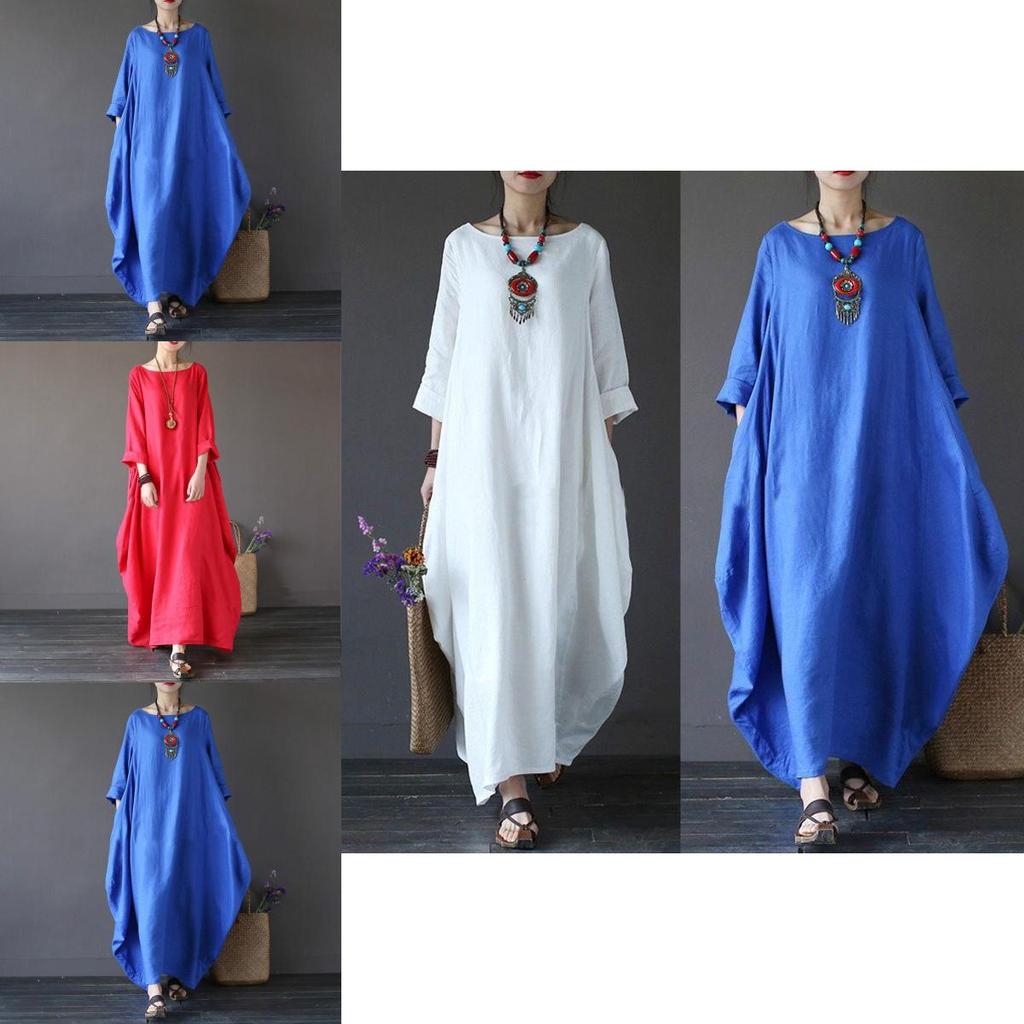 Chic Women Boho Cotton Linen Loose Long Sleeve Maxi Beach Blouse Casual Dress With Timeless Design