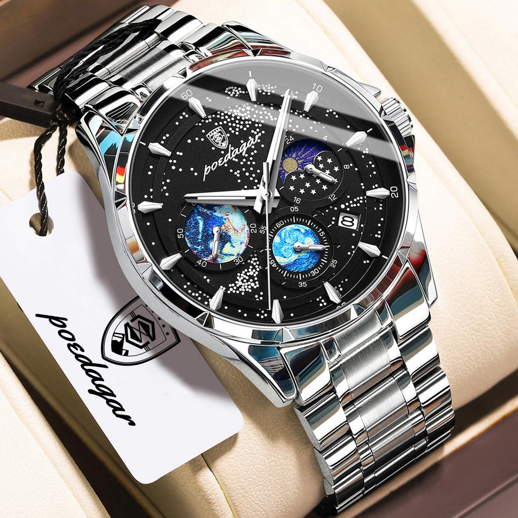 POEDAGAR Luxury Male Clock Chronograph Date Stainless Steel Quartz Men Watch Luminous Waterproof Fashion Men's Watches Reloj+Box