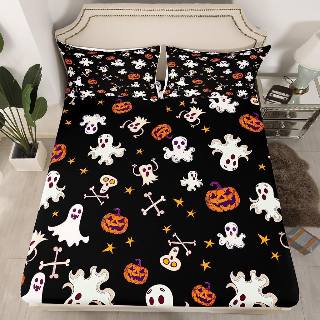Gothic Spooky Bedding Set Pumpkin Lantern Cute Halloween Bed Sheets for Kids Boys Teens,Ghost Spiderwebs Fitted Sheet Black Cat Cobwebs Bats