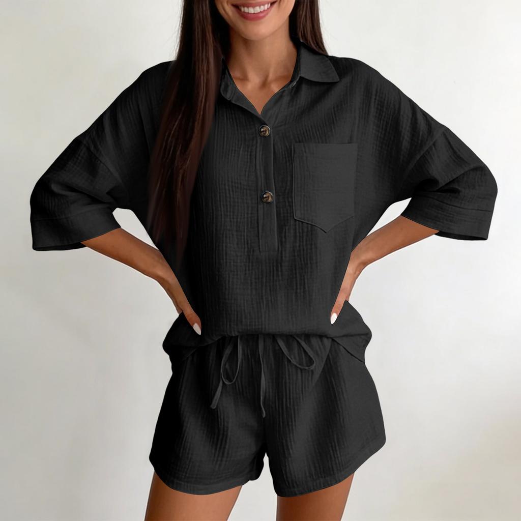 Women's  Color Casual Shirt Collar Casual Two-piece Set