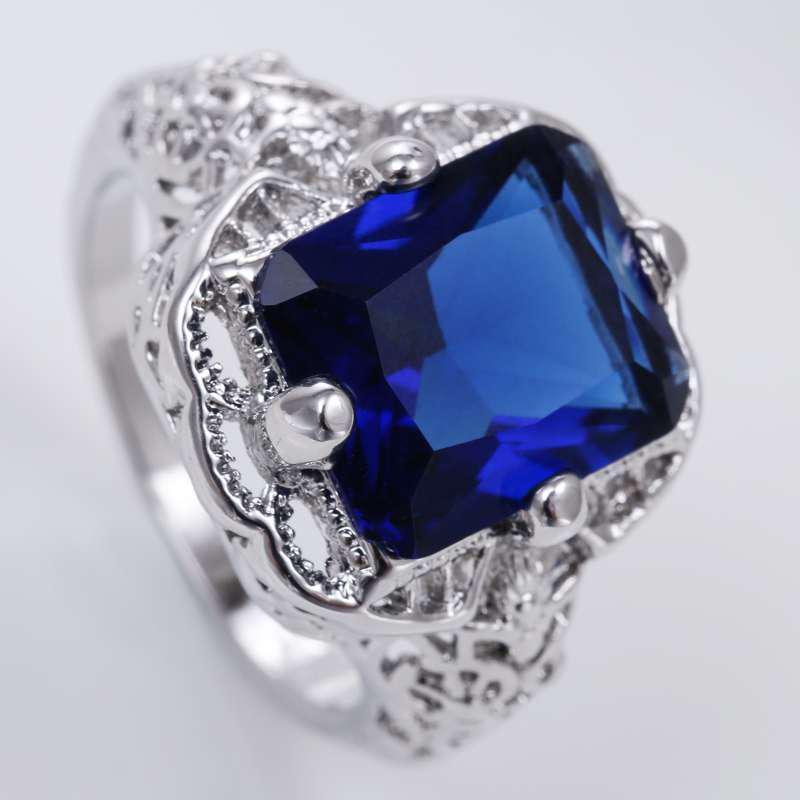 Elegant Blue Vintage Ring With Sapphire Stone And Silver Plating For Women