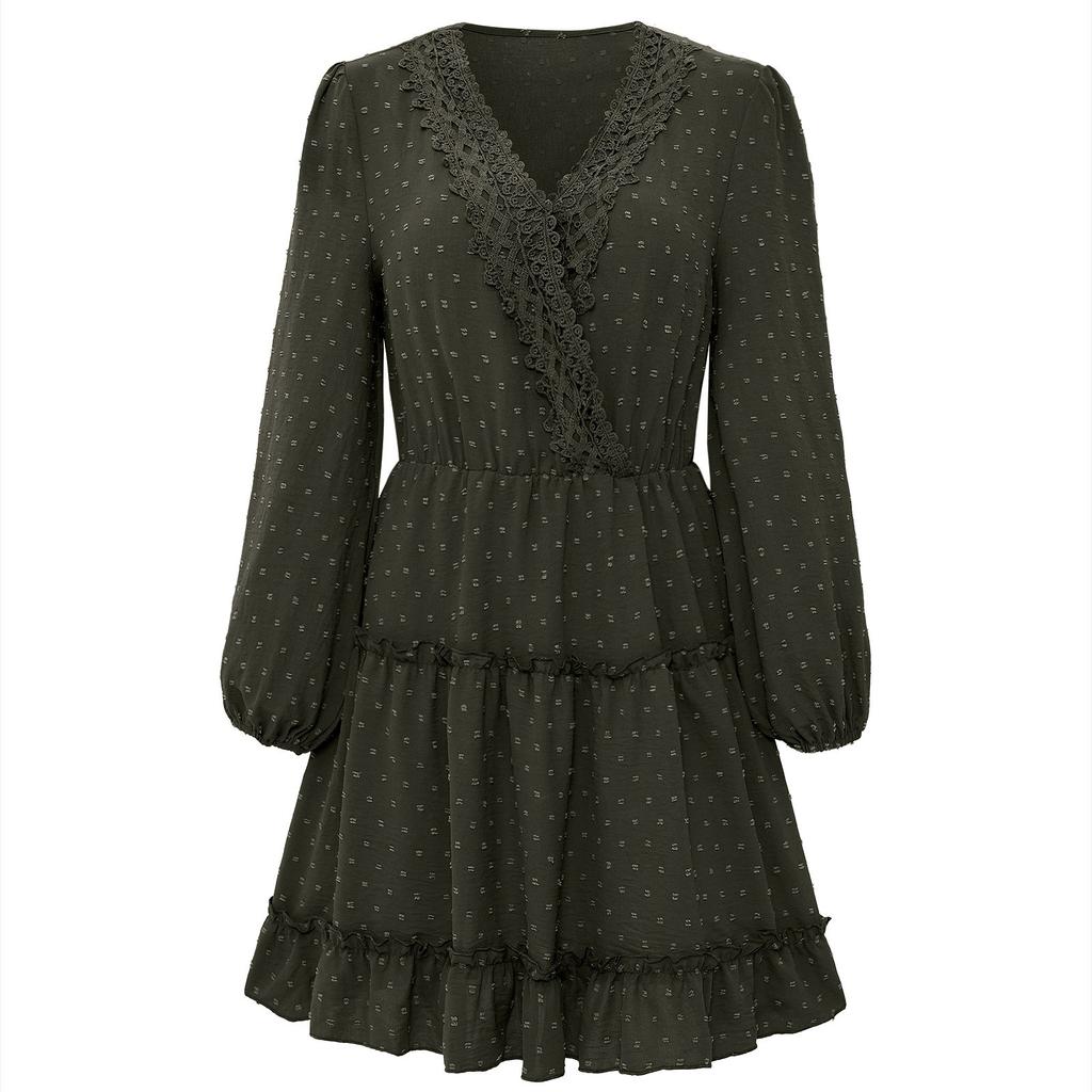Vestido con cuello en V de manga larga y temperamento informal a la moda para mujer