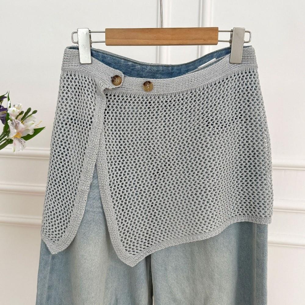 

Button Knitted Shawl Hollow Out Layer Outfits Skirt Fashion Crochet Hip Scarf Jeans Decor серый