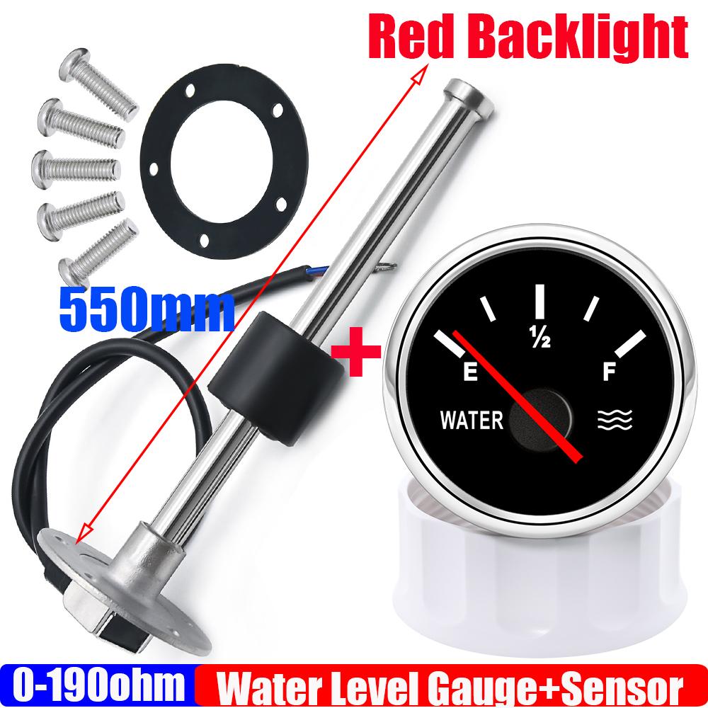 100-600mm Water Level Sensor+52mm Water Level Gauge 0-190ohm Red LED Water Tank Meter Indicator for Marine Boat Car 9-32V