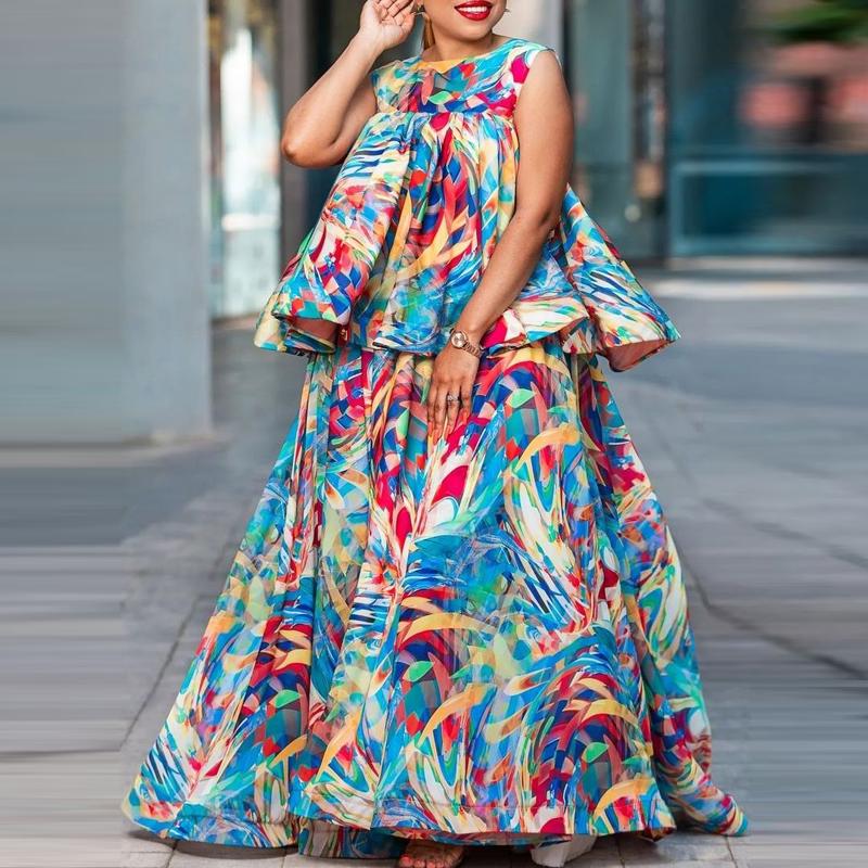 

Женский свободный комплект из топа и юбки трапециевидного силуэта большого размера без рукавов с принтом и круглым вырезом L