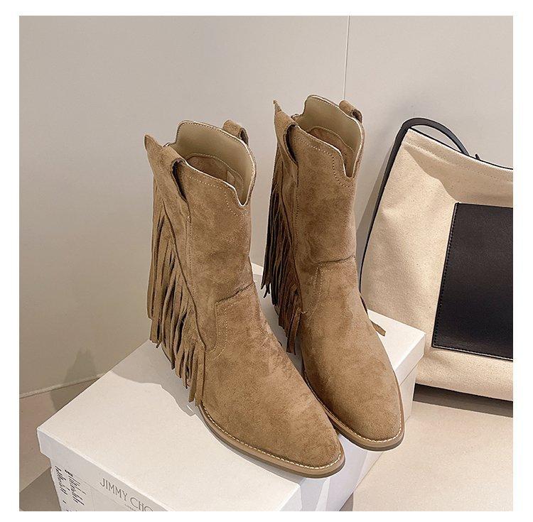 Sheepskin version~ retro western cowboy boots women's 2025 new pointed tassel short boots thick heel medium tube Martin boots