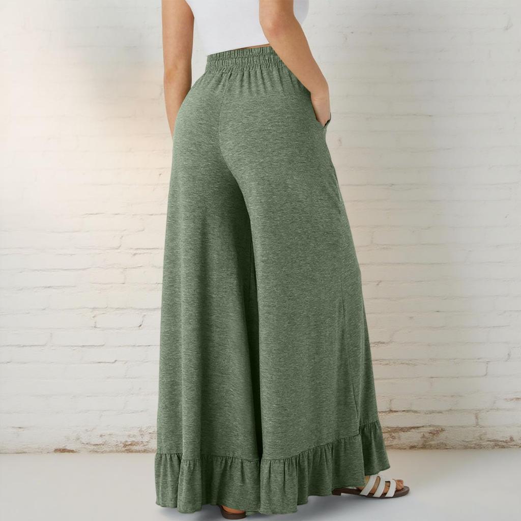 Women's Solid Color Ruffled Versatile Wide Leg Pants, Loose Casual Pants