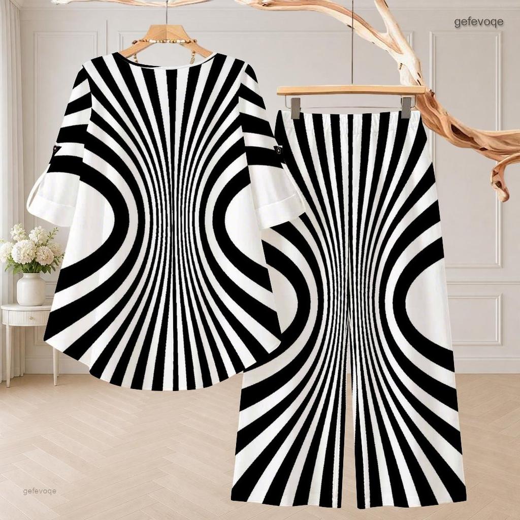 Women Plus Size Two Piece Pant Set Round Neck Half Sleeve Black White Printed High Low Top Wide Leg Pants