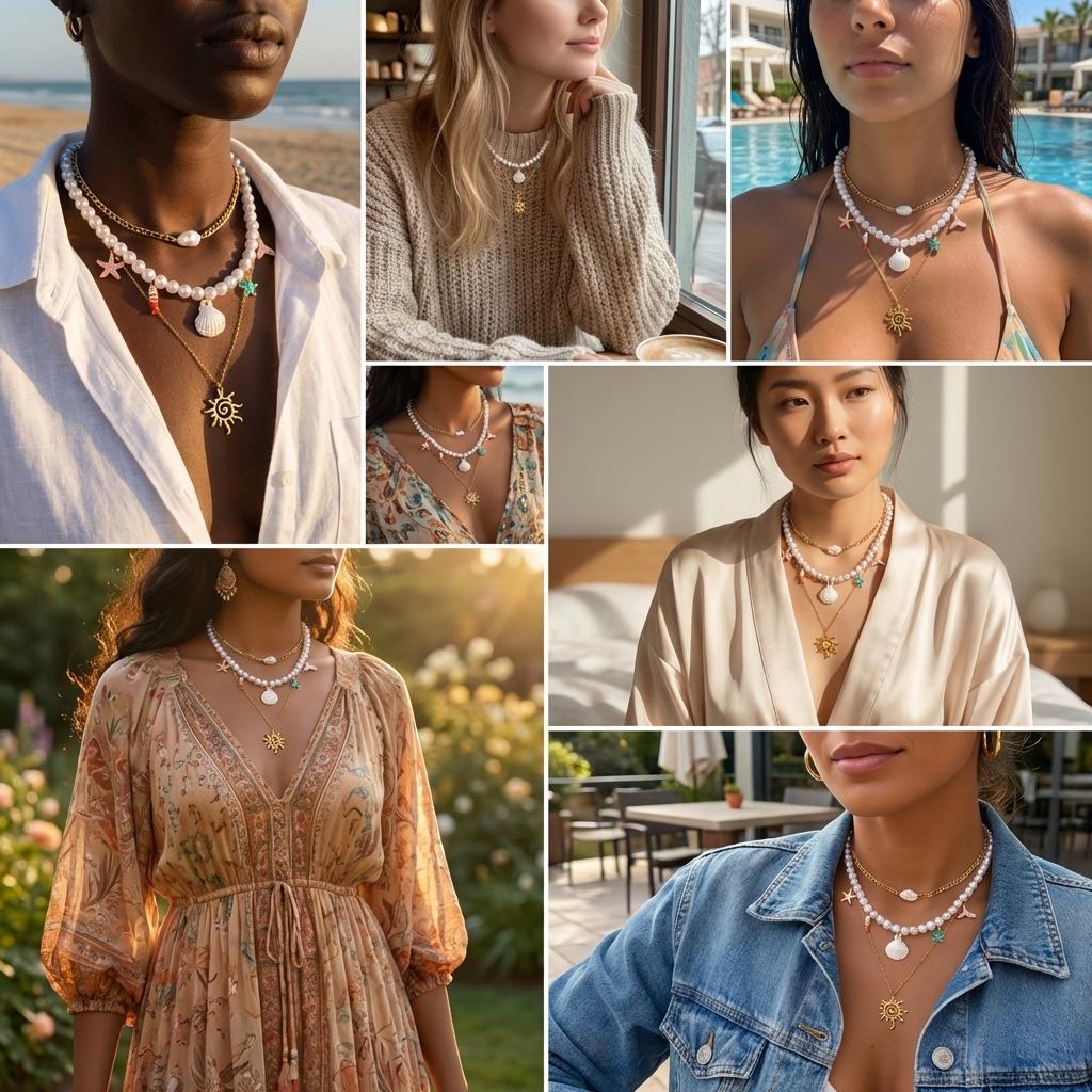 Bohemian Beach Shell Conch Beaded Necklace for Women Ocean Style Seashell Starfish Sun Pendant Choker Vacation Party Jewelry
