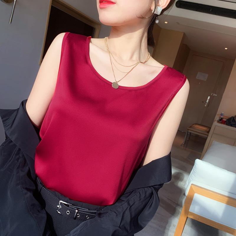 VEZFAA Women's Fashion Solid Color Print Casual Summer Spring Sleeveless U-Neck Blouses & Shirts