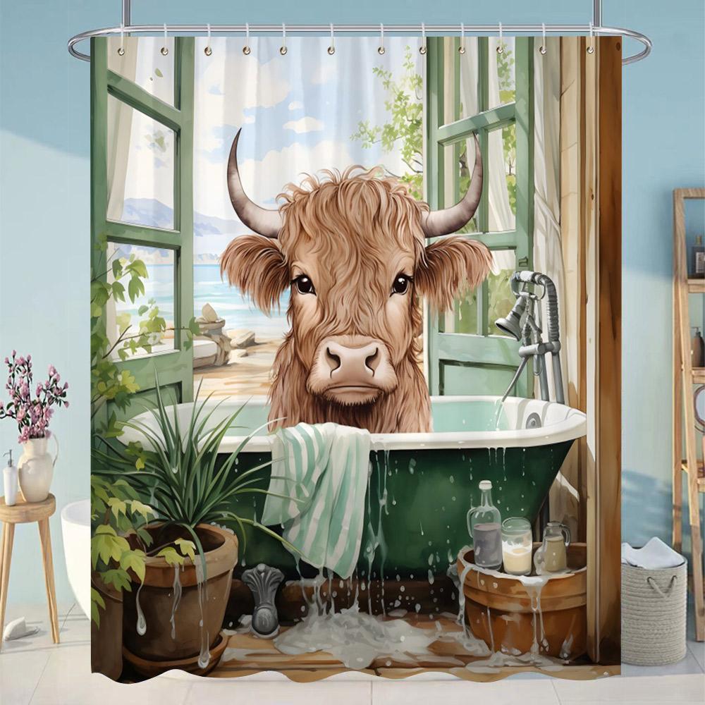 Funny Cat Dog Shower Curtain Cartoon Animals Oil Painting Style Polyester Washable Shower Curtains Bathroom Decor With Hooks
