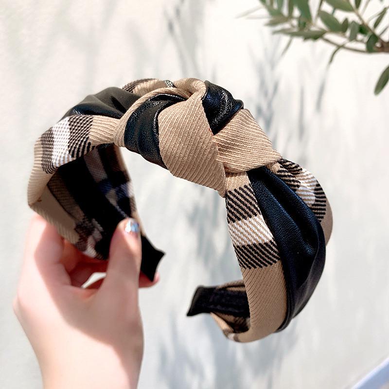 

Потрясающая широкая повязка для волос из искусственной кожи с узлом сверху, клетчатая тканевая повязка на голову для женщин, для шопинга, вечеринки, путешествий, аксессуары для головного убора