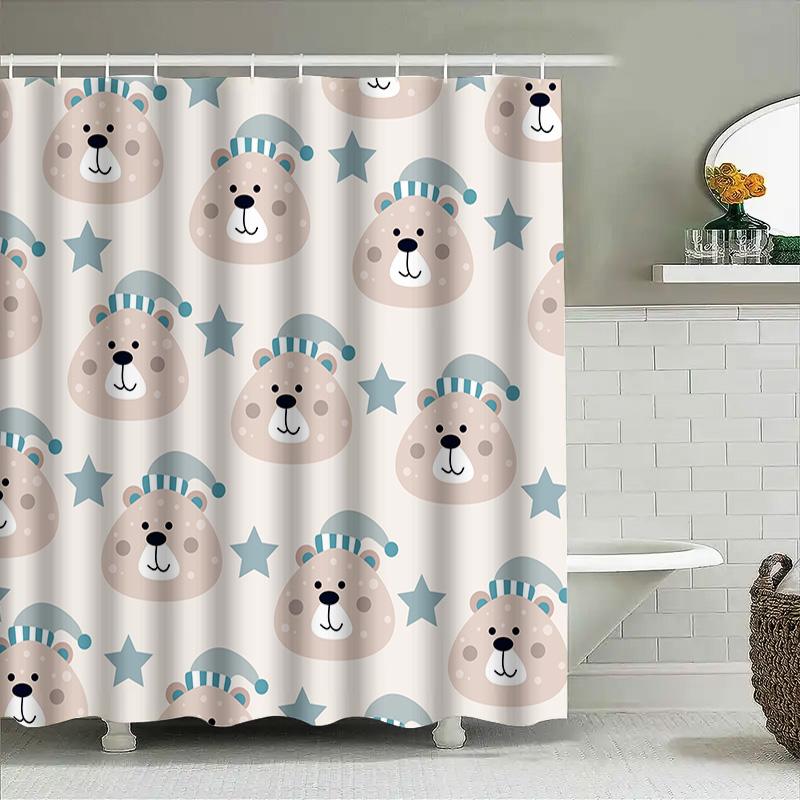 Cute Bear Pattern Shower Curtain For Home Decoration Waterproof Bath Accessories White Blue Stripes Design
