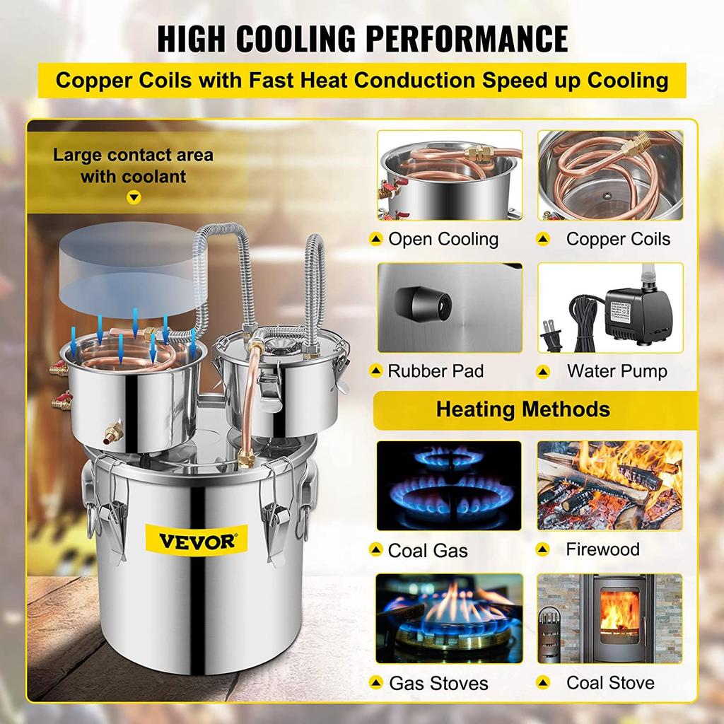 VEVOR Still Distiller 5Gal 21L Stainless Steel Water Distiller Copper Tube with Circulating Pump Home Brewing Kit Build-in Thermometer for DIY Whisky