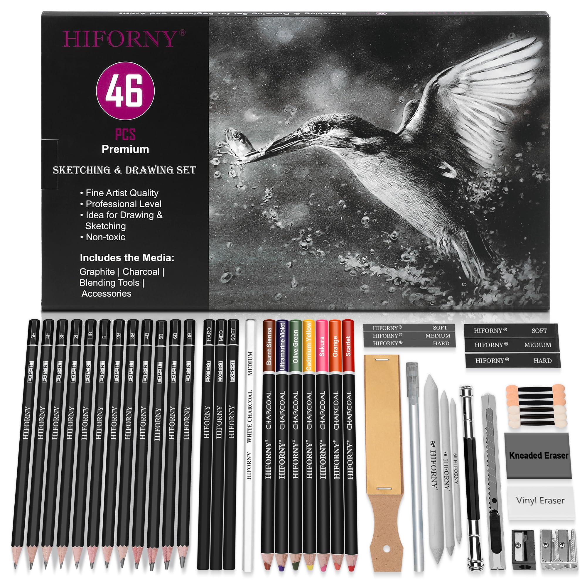 

HIFORNY Sketching and Drawing Pencil 46 Sketching Art Colored Charcoal Blending Drawing Kit for Adult Artists Set, Pieces, Pencils, Supplies, Pencils,