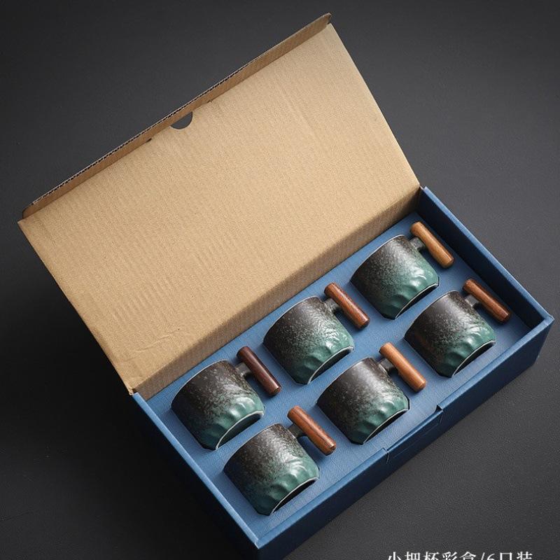 6pcs Set Ceramic Retro Espresso Coffee Cup With Wooden Handle Office Water Cup Tea Mug Ceramic Coffee Mug Handmade Tea Gift Box