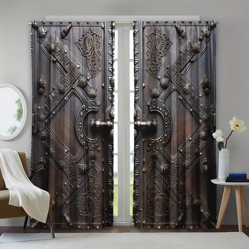 3D 2pcs Metal Wooden Accessories Wooden Door Printed Curtains Living Room Bedroom Decoration 3D Digital Printing Curtain Home De