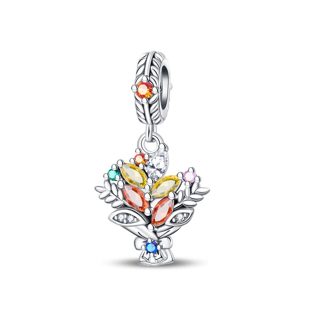 S925 Silver Autumn Maple Leaf Owl Squirrel Beaded Bracelet DIY Charm Pendant Jewelry Making Accessories