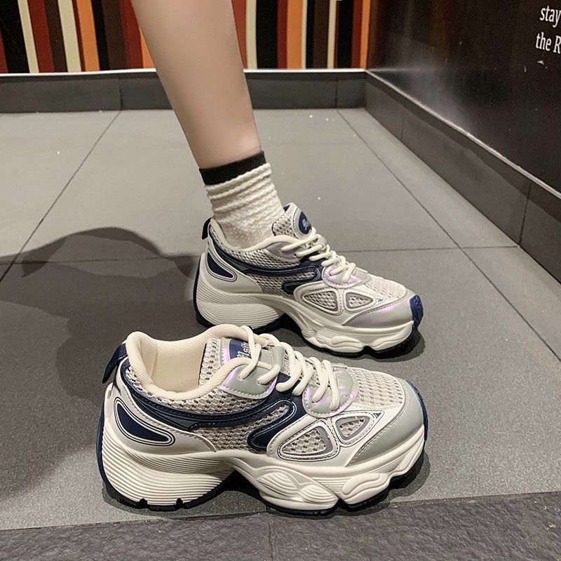 New Summer Leather Dad Shoes Simple Mesh Versatile Thick-soled Breathable Running Shoes