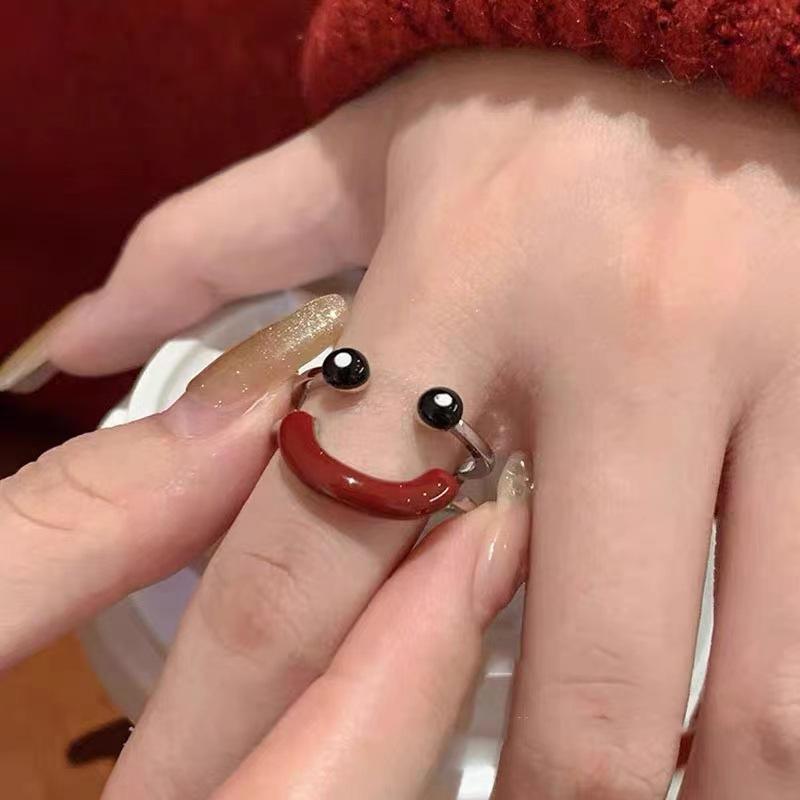 Anello Viso Sorridente Brillantinato Versatile Personalità Carina Divertente Brutto Carino Design di Tendenza di Nicchia Anello Aperto Femminile
