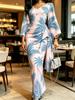 Women Pink Blue Palm Tree Print Maxi Dress Kimono Sleeve V Neck Ruched Wrap Waist Bodycon Elegant Dress