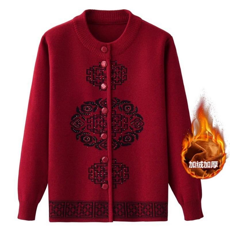 Mom's New Skills New Year's Festive Top In the Elderly Knitted Sweater Cardigan Piled Thickened Grandma Sweater Jacket