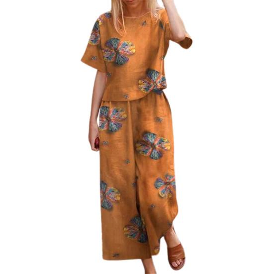 2 ks/sada Dámské tričko Kalhoty Oblek O Krk Krátký rukáv Potisk Volný Top Vysoký Elastický Pas Široká noha Deváté Kalhoty Běžné Denní nošení Sada svrchních kalhot