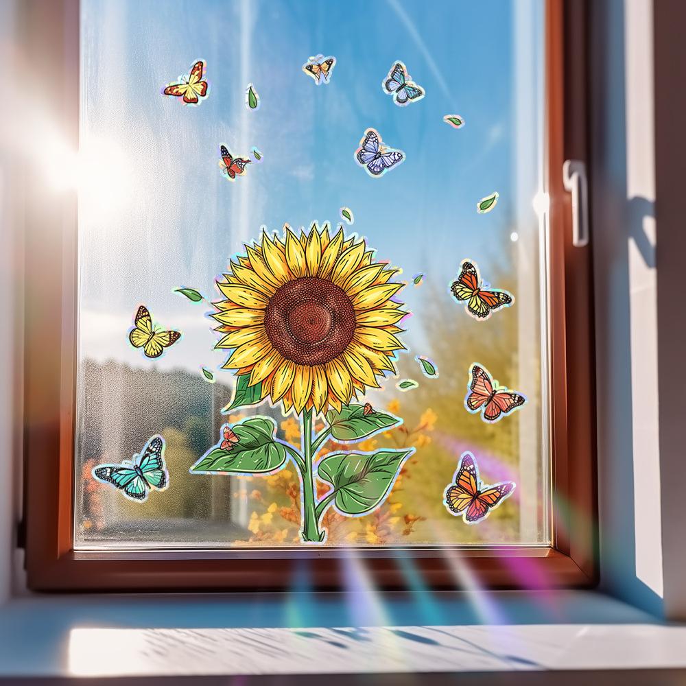 Laser Bunte Sonnenblume Schmetterling Heimverschönerung und Dekoration Glas Statische Fensteraufkleber