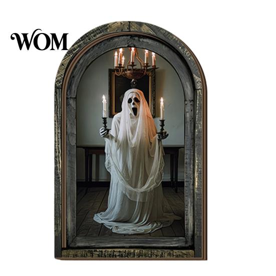 Rustic Wood Halloween Sign Arched Wooden Wall Decor, Ghost Cat Hanging Ornament, Distressed Gothic Waterproof Art Tabletop Decor Plaque, Spooky