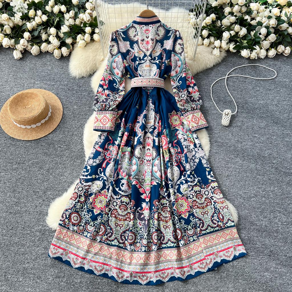 Frühling Herbst Damen Designer Runway Kleid Stehkragen Vintage Print Einreiher Urlaub Party Kleider mit Gürtel
