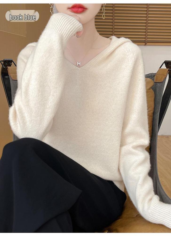 Women's Thick Versatile Wool-Cashmere Knit Hooded Pullover for Autumn/Winter