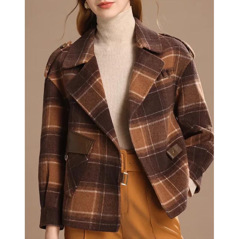 Women's Elegant Plaid Short Wool Blend Coat