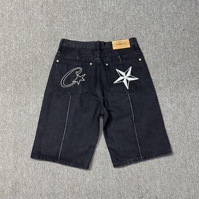 RogueWave Retro Denim Shorts Embroidered Hip-hop Stitching Washed Street Trend High Street Casual Sports Shorts