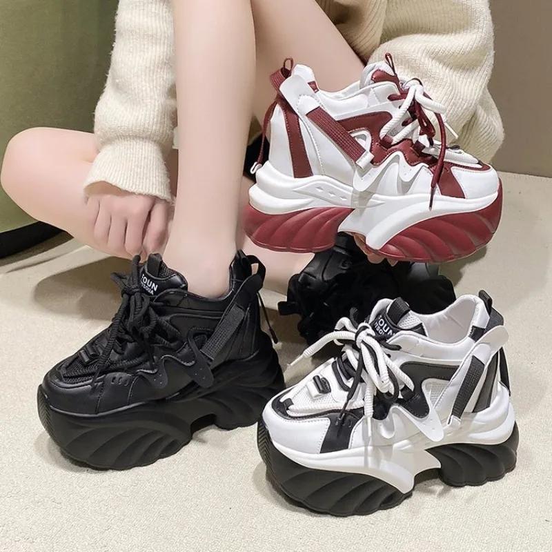 Fashion Women high-quality Platform Casual Leather Shoes 2025 New spring Lace-up Chunky Sneakers Wedges Hidden Heels Leisure Shoes Woman