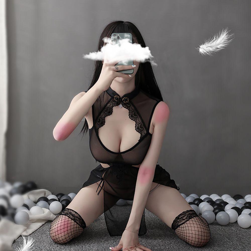 

Hollow Lace Underpants Embroidery Pajamas Cheongsam Women Uniform Lingerie Set Sexy Underwear