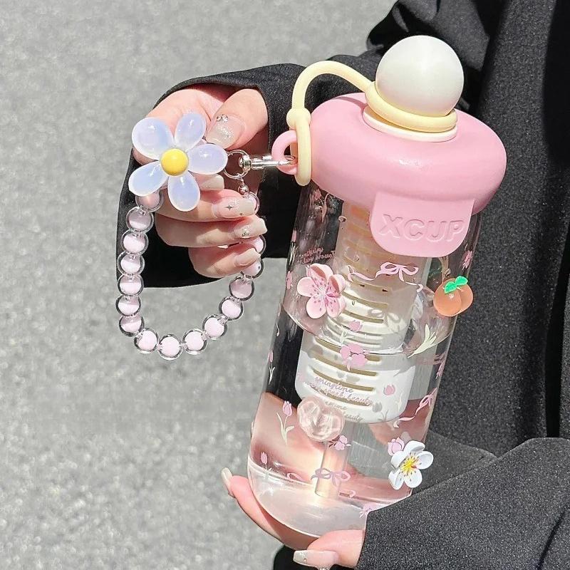 Söta Blomster Te-glas med Rosett och Sugrörsflaska Kaffekoppar för Kall Dryck Dam Glas Tumbler Juice Mjölkte Vattenavskiljare Dryckeskärl Kopp