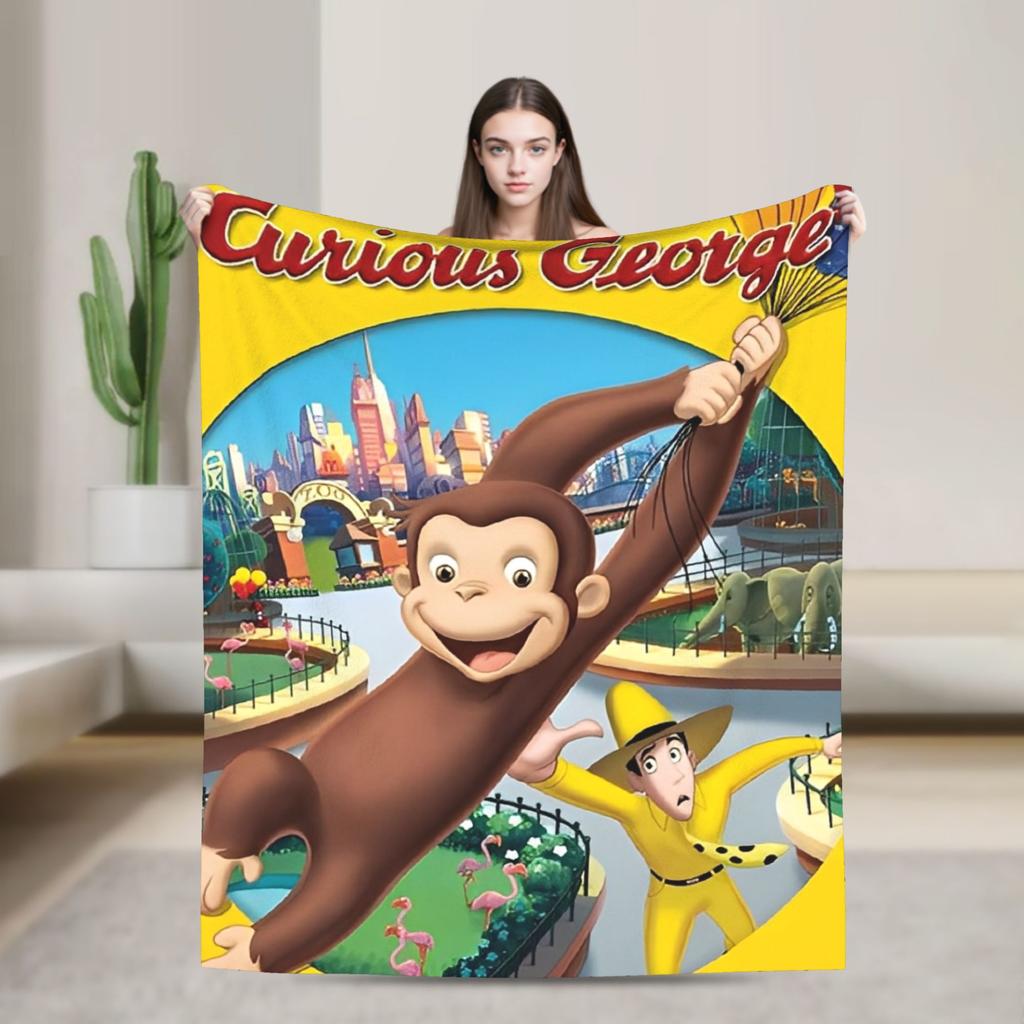 Cartoon Curious George Flannel Blanket  Soft Warm Throw Blanket for Couch Chair Decorative Funny Bedspread Sofa Bed Cover