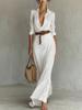 2025 Independent Station European and American Women's Clothing Autumn Elegant Temperament Sexy Solid Color Irregular Folds Belt Dress
