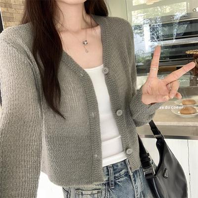 Small Fragrance of High-grade Hollow Thin Knit Cardigan Women Early Spring New Short Style Pure Spice Girl Outside